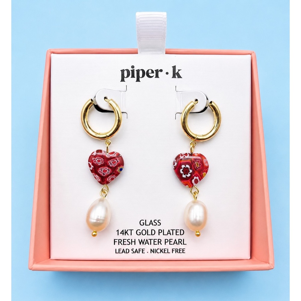 Piper Kโ Red Heart Pearl Drop Earrings Gold Plated Huggie Glass Charm NWT -2999